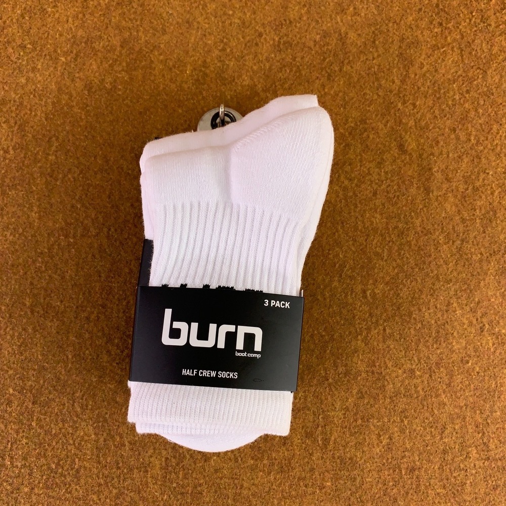 Burn Mens One Size White Black Logo Half Crew Socks 3 Pack NWT